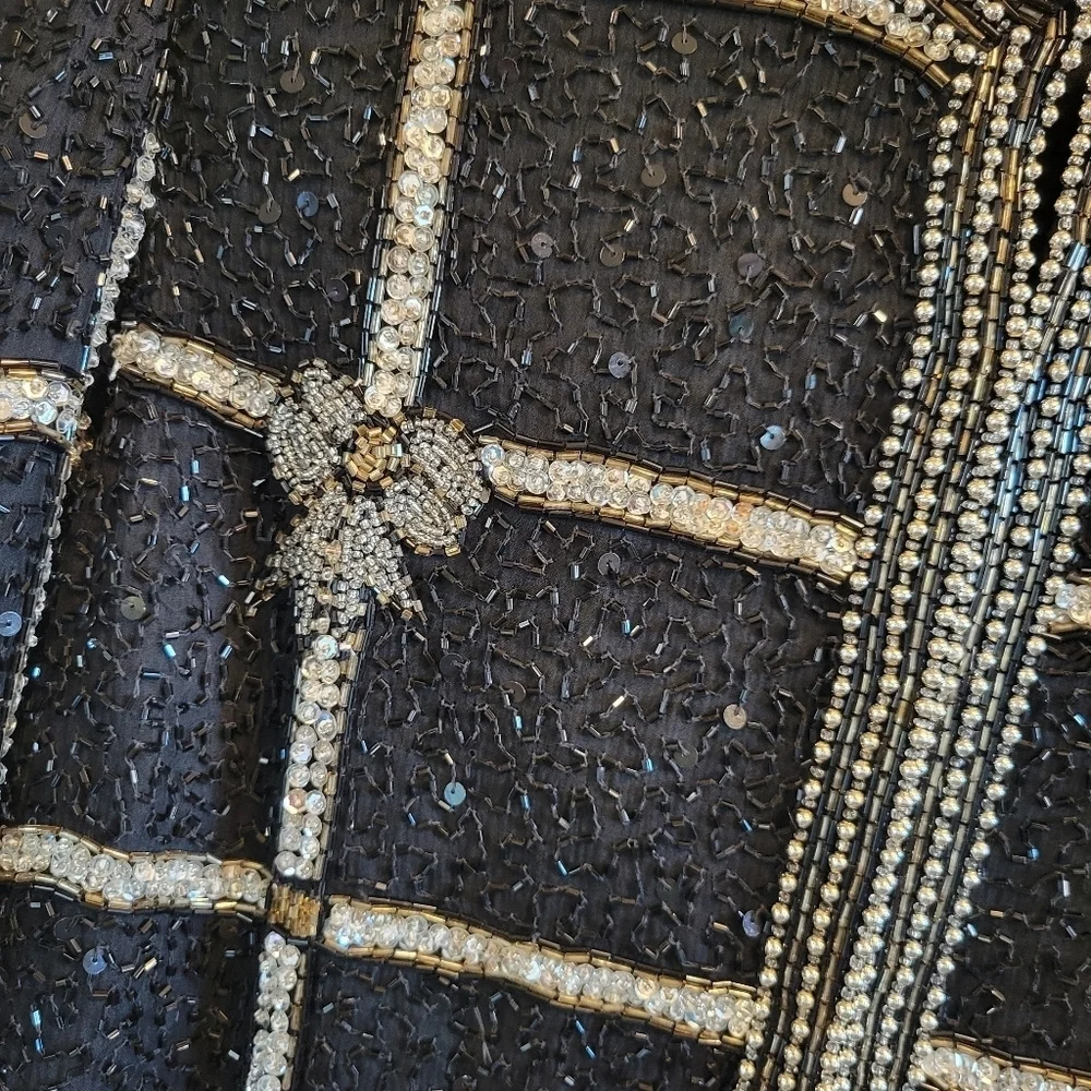 Vintage Laurence Kazar Black Silver Gold Silk Beaded Jacket